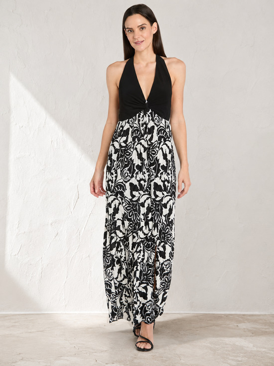 R&M Richards Dresses & Skirts - NWOT R&M Richards XL Black Ivory Floral Halter Maxi Dress Pleated Formal